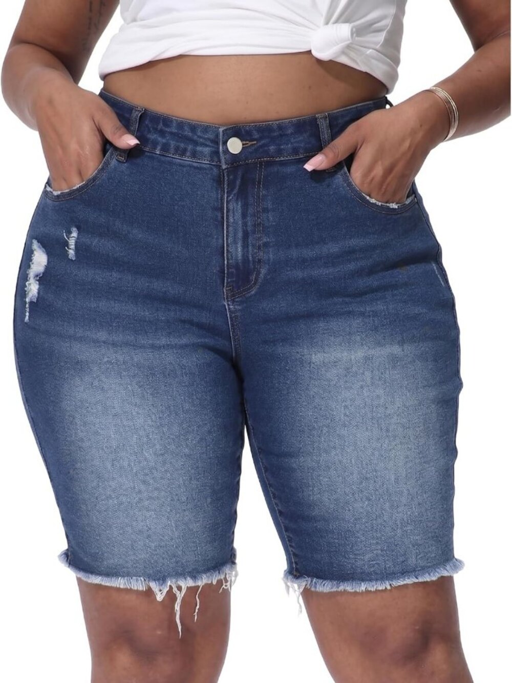 Plus Size High Waisted Stretchy Jean Shorts - 10" Inseam Raw Hem Denim Bermuda
